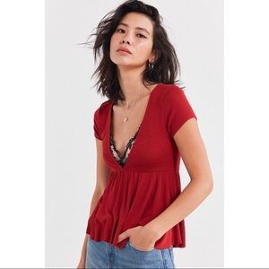 UO Clementine Ribbed Deep V Babydoll Top